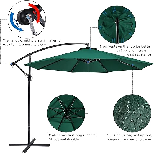 3m/2.7m Large Cantilever Parasol Garden Banana Umbrella Patio Offset Umbrella with Tilt & Crank Handle & Cross Base