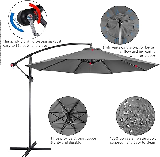 3m/2.7m Large Cantilever Parasol Garden Banana Umbrella Patio Offset Umbrella with Tilt & Crank Handle & Cross Base