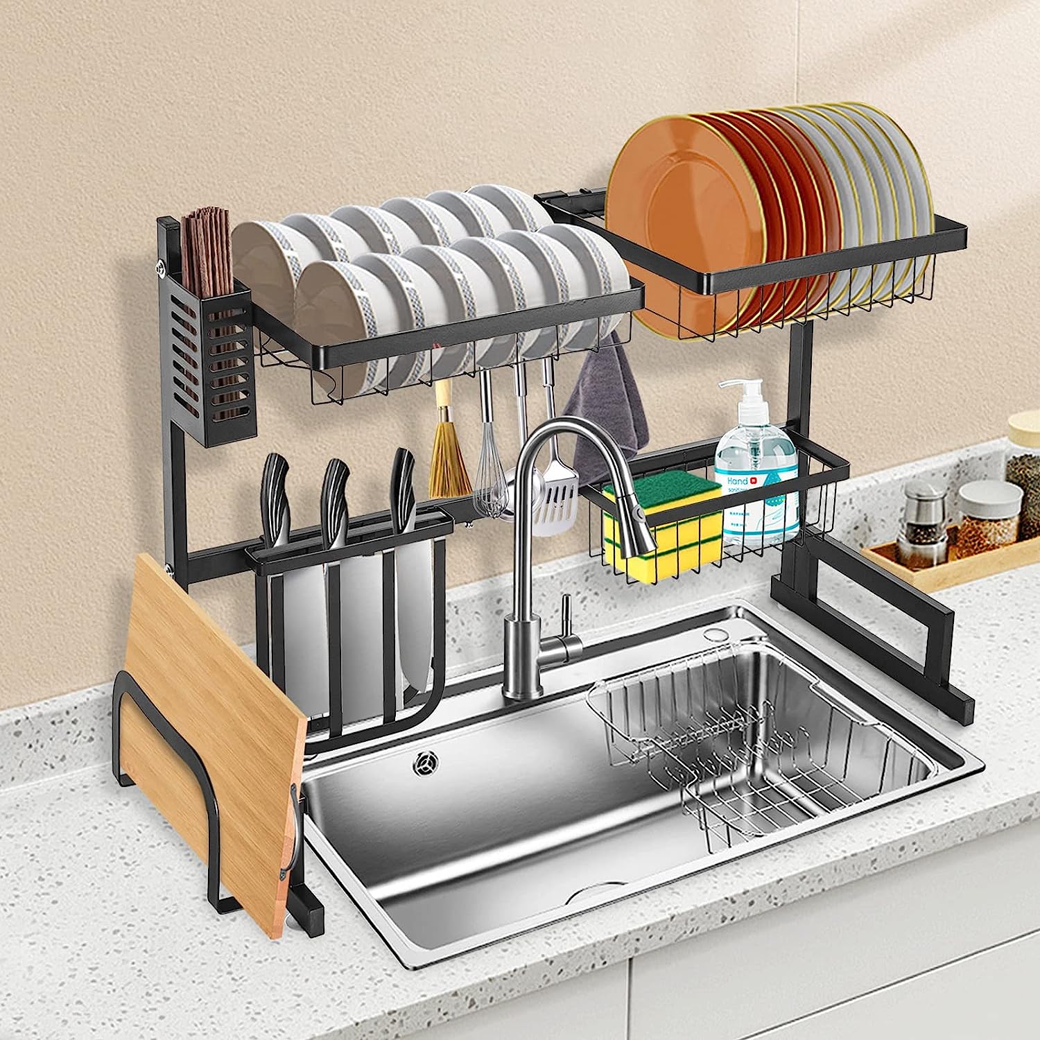 Over The Sink Dish Drying Rack Utensil Holder Drain Kitchen Drainer Storage Adjustable Length(65~80cm)