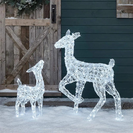 Christmas Outdoor Reindeer Doe & Fawn Light Up Acrylic Figures Garden Decoration 300 White LEDs Plug In with Timer