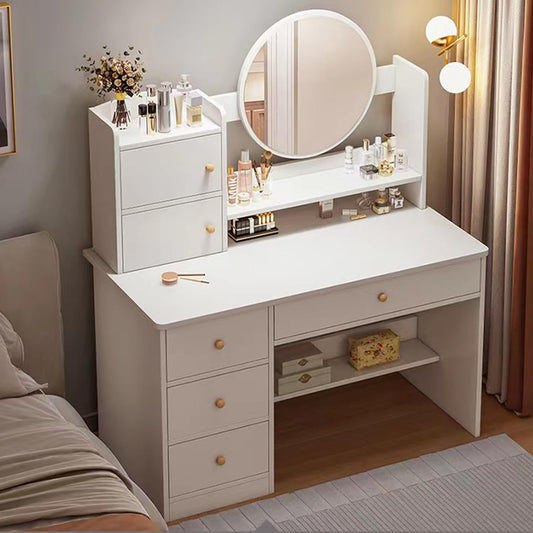 Dressing Table,Vanity Table with Round Mirror,LED Lights with Adjustable Brightness,4 Drawers 2 Doors and Open Shelves,Wooden Modern Bedroom Dresser,White Desk Make up Table