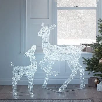 Christmas Outdoor Reindeer Doe & Fawn Light Up Acrylic Figures Garden Decoration 300 White LEDs Plug In with Timer