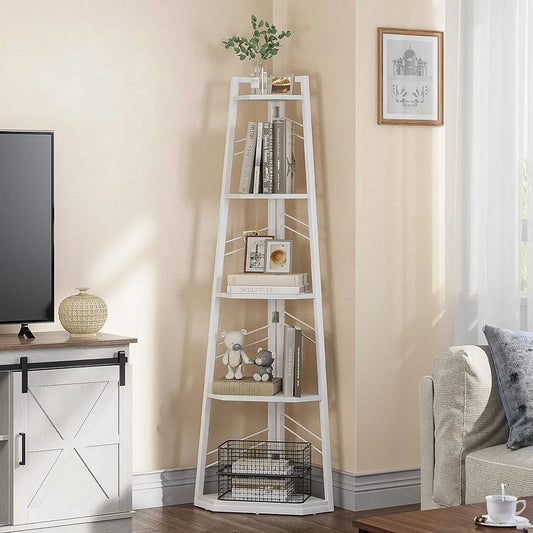 Corner Shelf 5 Tier, Industrial Corner Bookshelf Modern Freestanding Corner Bookcase Ladder Shelf Wooden Open Shelving Unit for Living Room, Hallway, Home Office, Pure White Book shelf