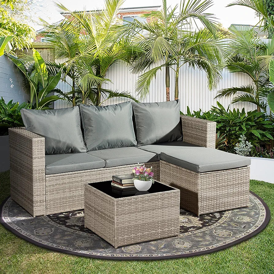 ASOWNSUN Rattan Garden Furniture 4 Seats Outdoor Sofa Set Grey Cushions, Wicker Patio Conversation Set with Black Tempered Glass Table, 10cm Width Armrest