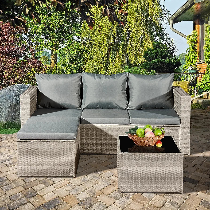 ASOWNSUN Rattan Garden Furniture 4 Seats Outdoor Sofa Set Grey Cushions, Wicker Patio Conversation Set with Black Tempered Glass Table, 10cm Width Armrest