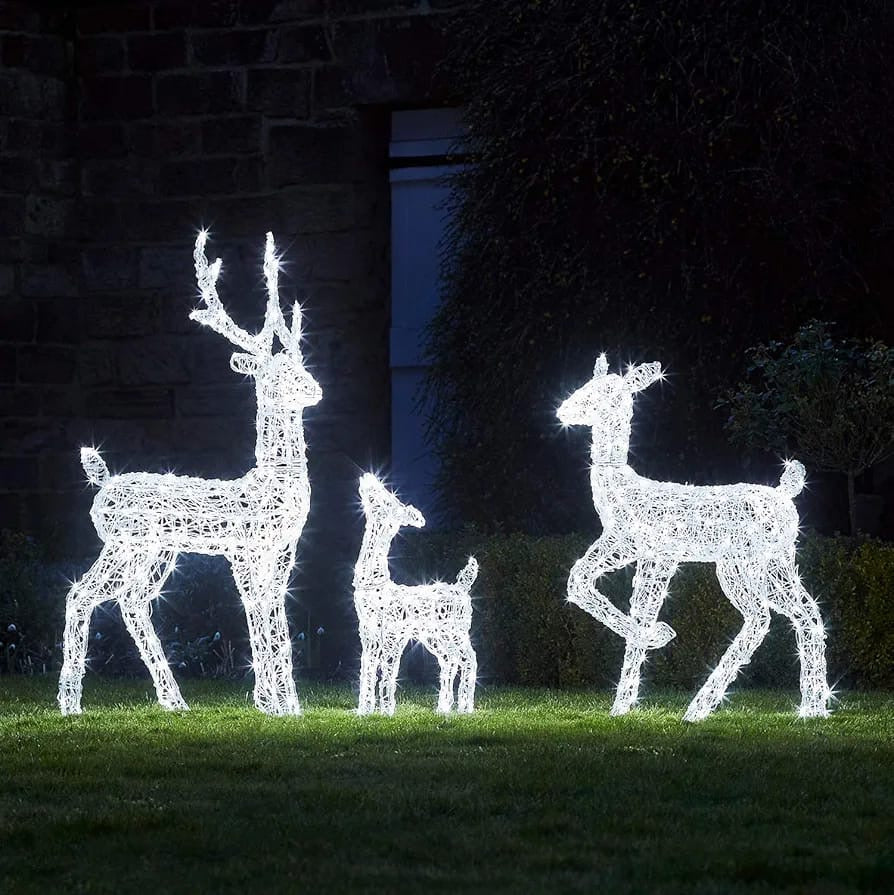 Christmas Outdoor Reindeer Doe & Fawn Light Up Acrylic Figures Garden Decoration 300 White LEDs Plug In with Timer