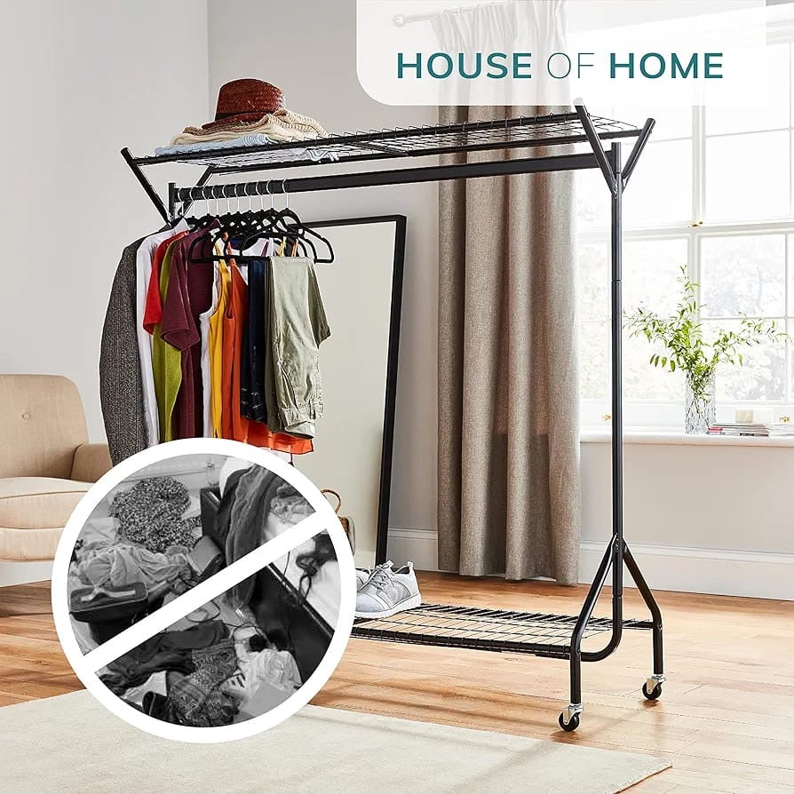 Super Heavy Duty Metal Clothes Rail with Wheels - 1 Tier Rail Wardrobe Replacement -Storage & Organiser for Shirts, Coats, Hat & Shoes - Black, 4ft x 5ft