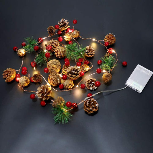 Christmas String Light 6.56 Ft Pinecone Red Berry Bell Xmas Garland Fairy Lights with Pine Cones Red Berries Garland Wreath for Christmas Indoor Outdoor Holiday New Year Party Home Garden Decor