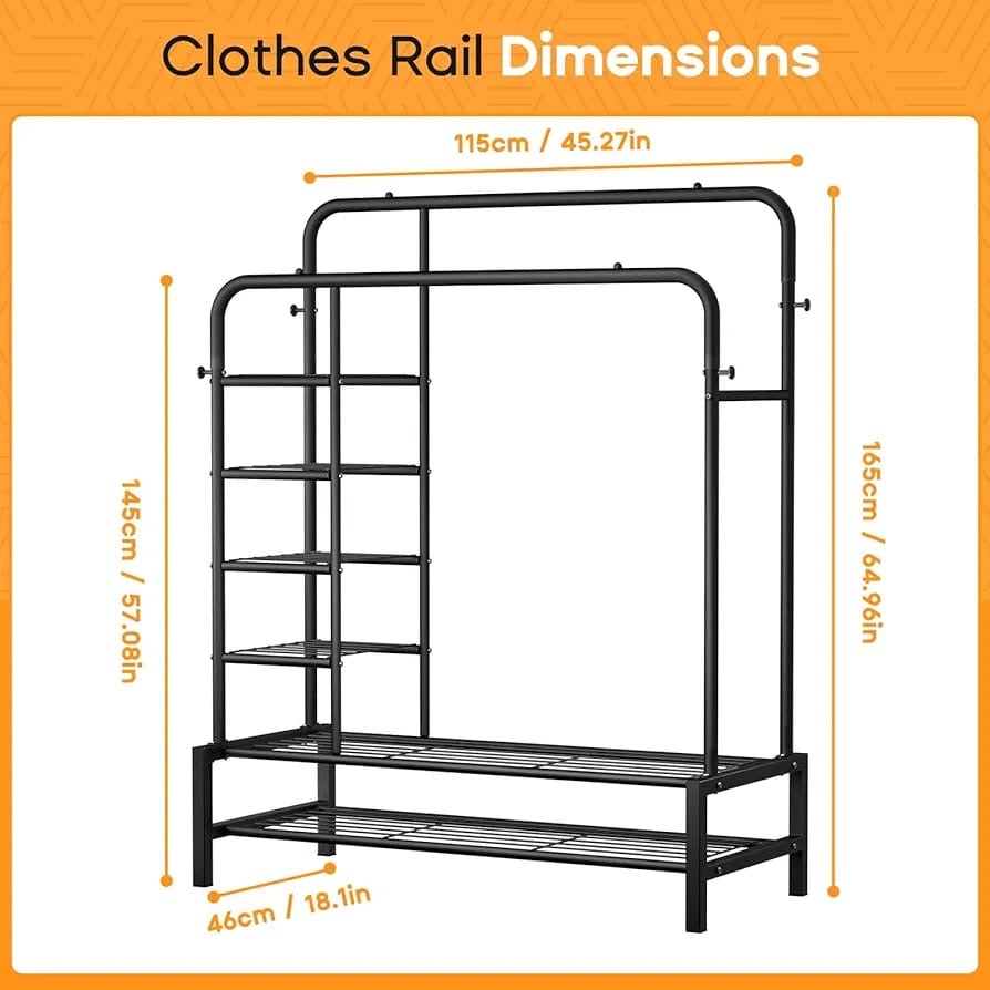 Metal Clothes Rail Double Pole Clothes Rack Multifunctional Garment Rack(Black)