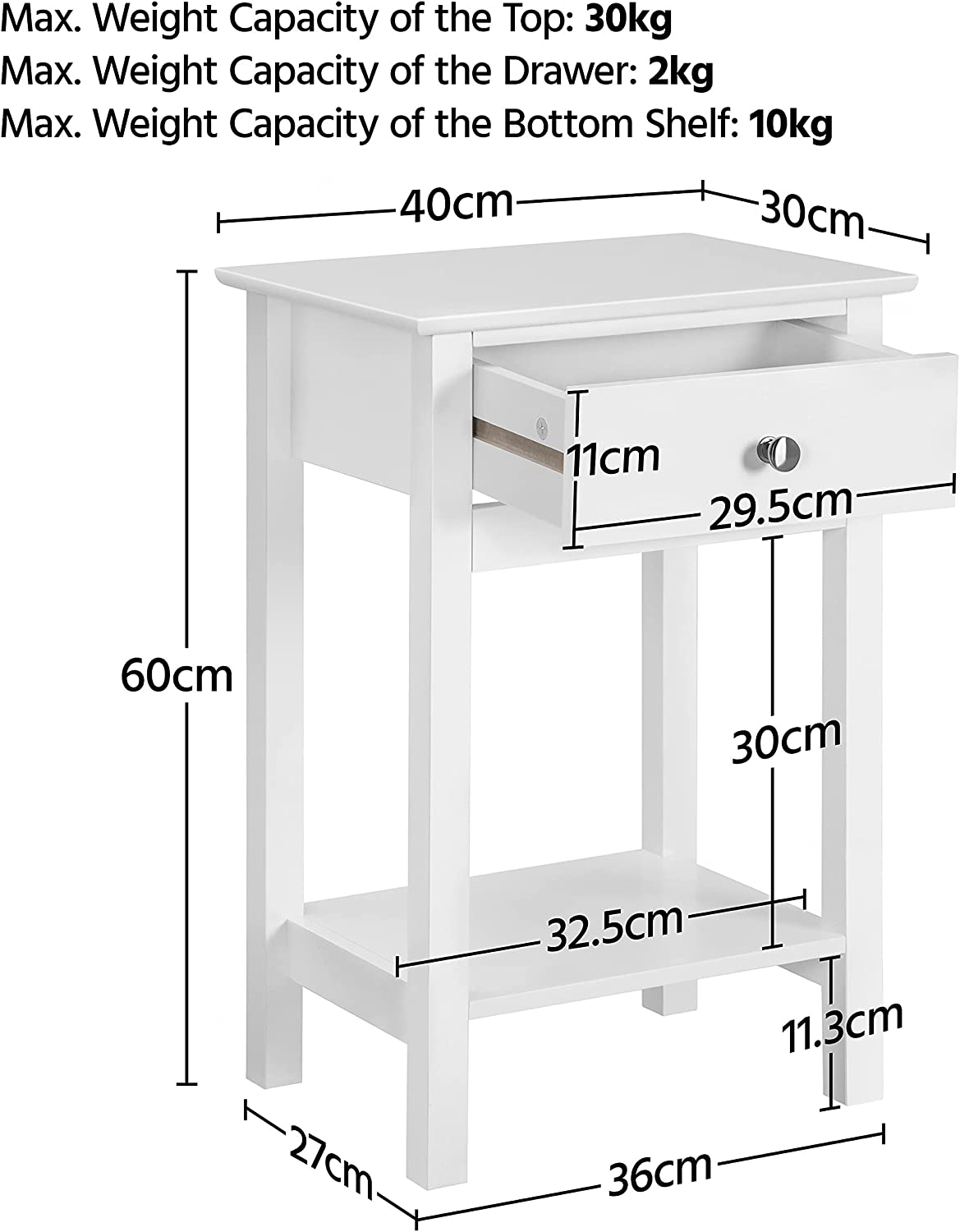 White Bedside Table Nightstand Cabinet Storage Unit with Drawers & Shelf