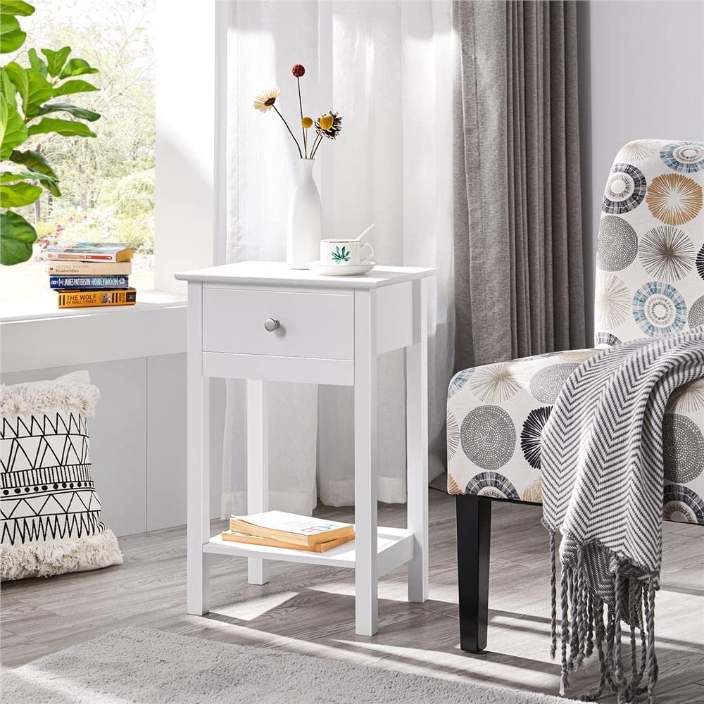 White Bedside Table Nightstand Cabinet Storage Unit with Drawers & Shelf