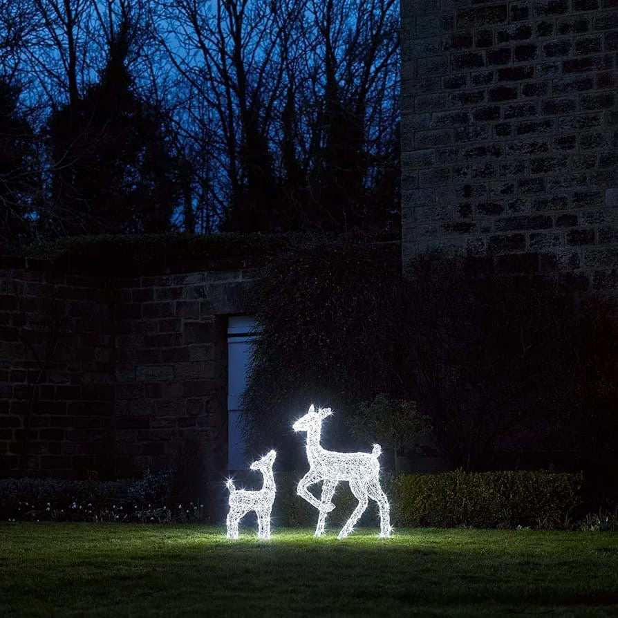 Christmas Outdoor Reindeer Doe & Fawn Light Up Acrylic Figures Garden Decoration 300 White LEDs Plug In with Timer