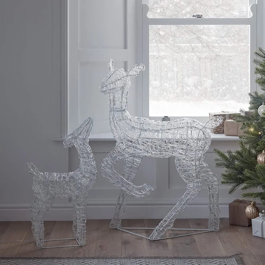 Christmas Outdoor Reindeer Doe & Fawn Light Up Acrylic Figures Garden Decoration 300 White LEDs Plug In with Timer