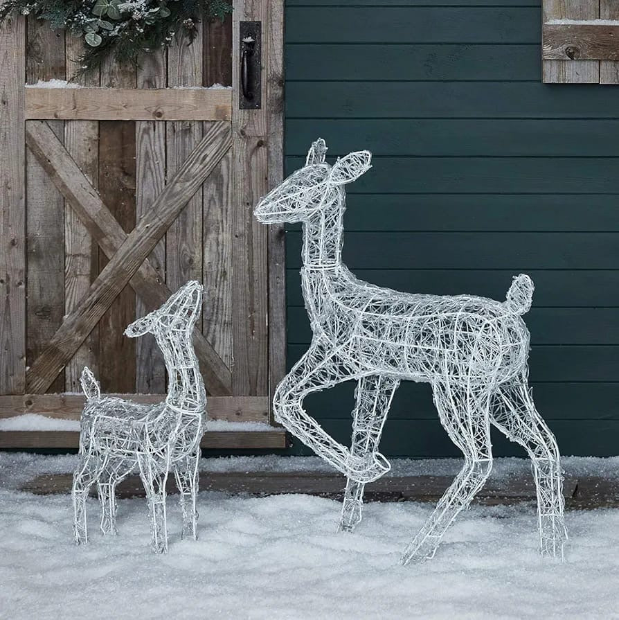 Christmas Outdoor Reindeer Doe & Fawn Light Up Acrylic Figures Garden Decoration 300 White LEDs Plug In with Timer