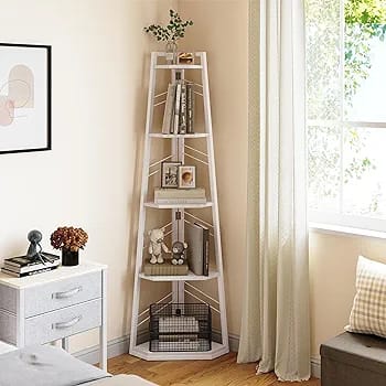 Corner Shelf 5 Tier, Industrial Corner Bookshelf Modern Freestanding Corner Bookcase Ladder Shelf Wooden Open Shelving Unit for Living Room, Hallway, Home Office, Pure White Book shelf