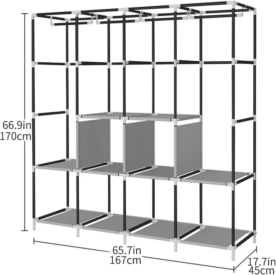 Portable Wardrobe Clothing Wardrobe Shelves Clothes Storage Organiser With 4 Hanging Rail, Black/Grey