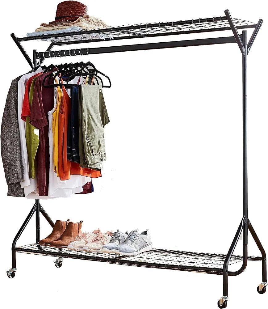 Super Heavy Duty Metal Clothes Rail with Wheels - 1 Tier Rail Wardrobe Replacement -Storage & Organiser for Shirts, Coats, Hat & Shoes - Black, 4ft x 5ft