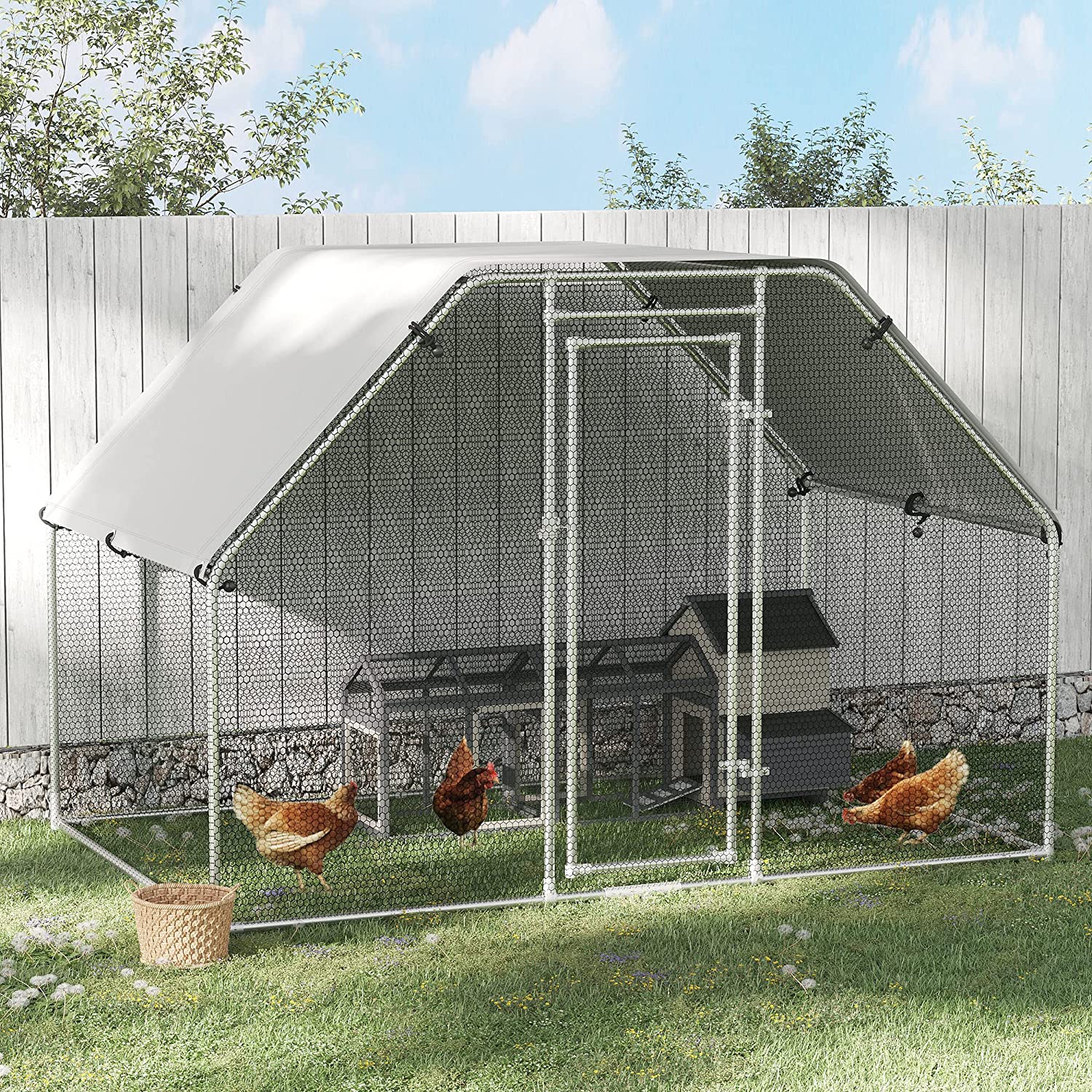 Walk In Chicken Run Galvanized Coop Hen House for 6-8 Chicken Poultry Cages Rabbit Hutch Outdoor Pet Playpen with Water-Resist Cover, 280W x 190D x 195H cm