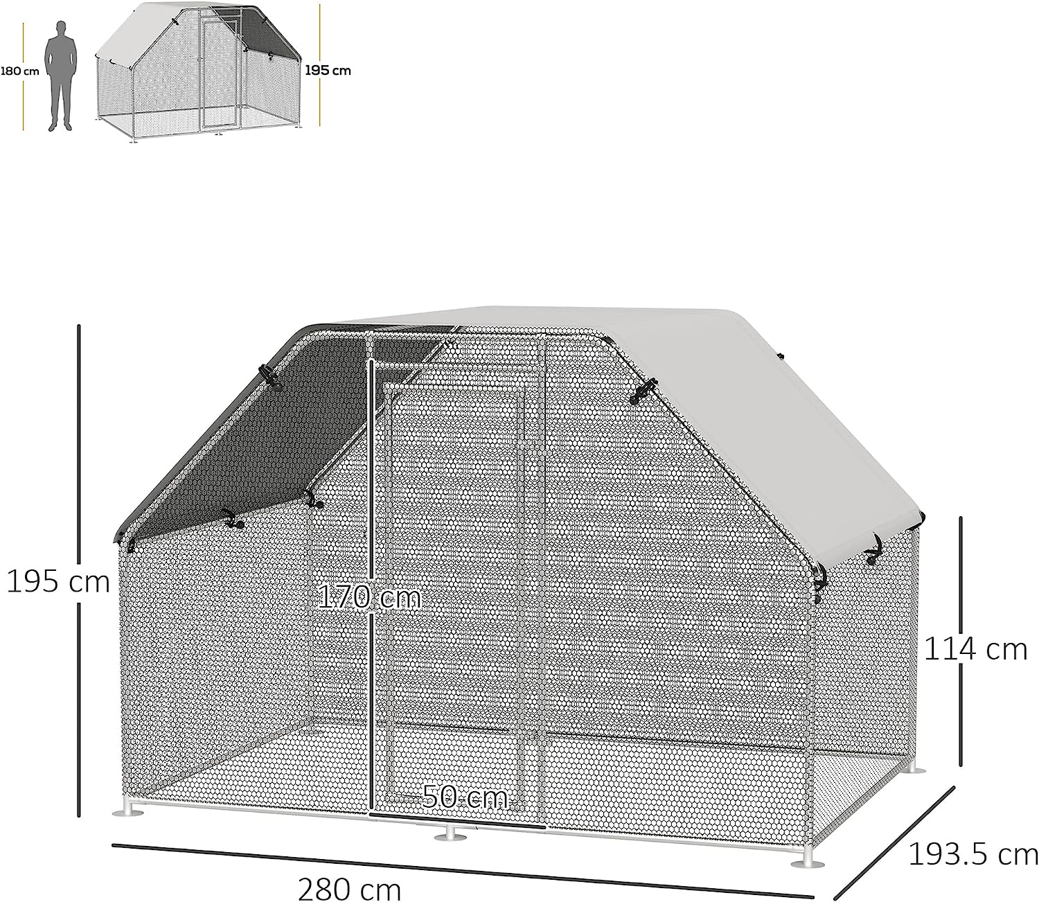 Walk In Chicken Run Galvanized Coop Hen House for 6-8 Chicken Poultry Cages Rabbit Hutch Outdoor Pet Playpen with Water-Resist Cover, 280W x 190D x 195H cm