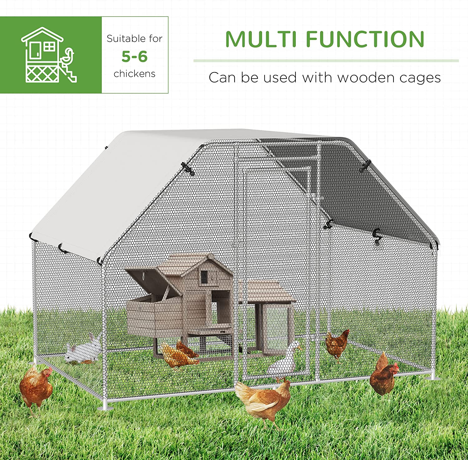 Walk In Chicken Run Galvanized Coop Hen House for 6-8 Chicken Poultry Cages Rabbit Hutch Outdoor Pet Playpen with Water-Resist Cover, 280W x 190D x 195H cm