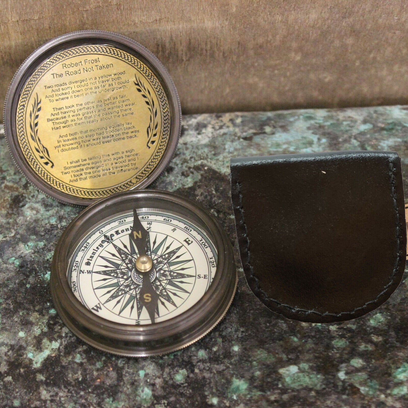 Nautical Robert Frost Poem Pocket Compass with Black Leather Case Marine