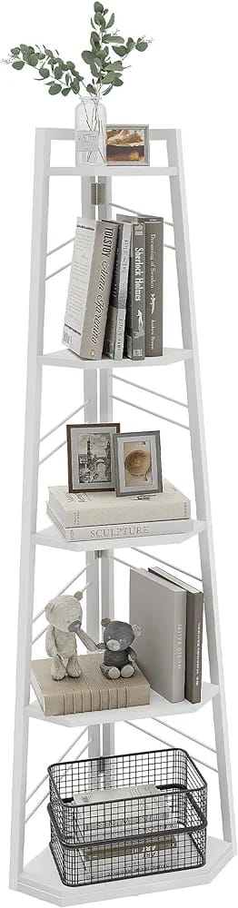 Corner Shelf 5 Tier, Industrial Corner Bookshelf Modern Freestanding Corner Bookcase Ladder Shelf Wooden Open Shelving Unit for Living Room, Hallway, Home Office, Pure White Book shelf