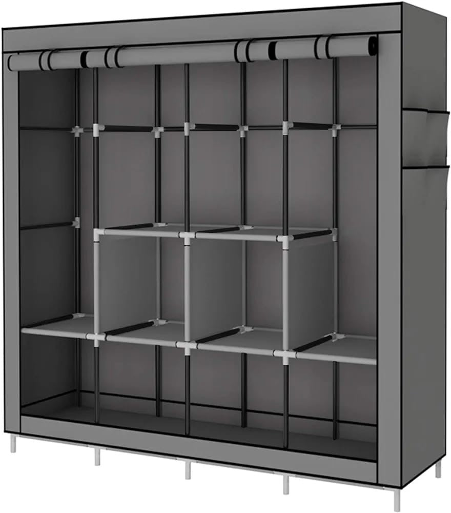 Portable Wardrobe Clothing Wardrobe Shelves Clothes Storage Organiser With 4 Hanging Rail, Black/Grey