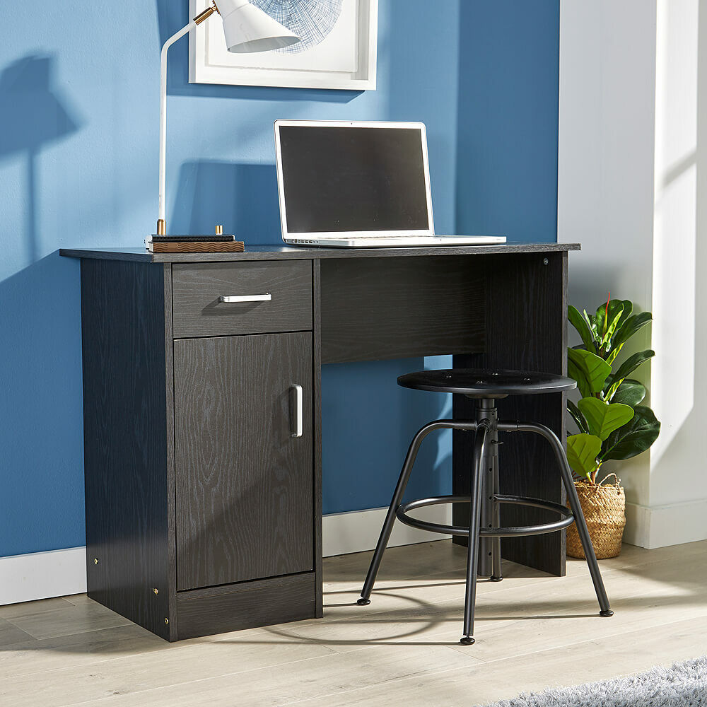 Black Grey Oak Desk 1 Drawer 1 Door Compact Computer Workstation Home Office