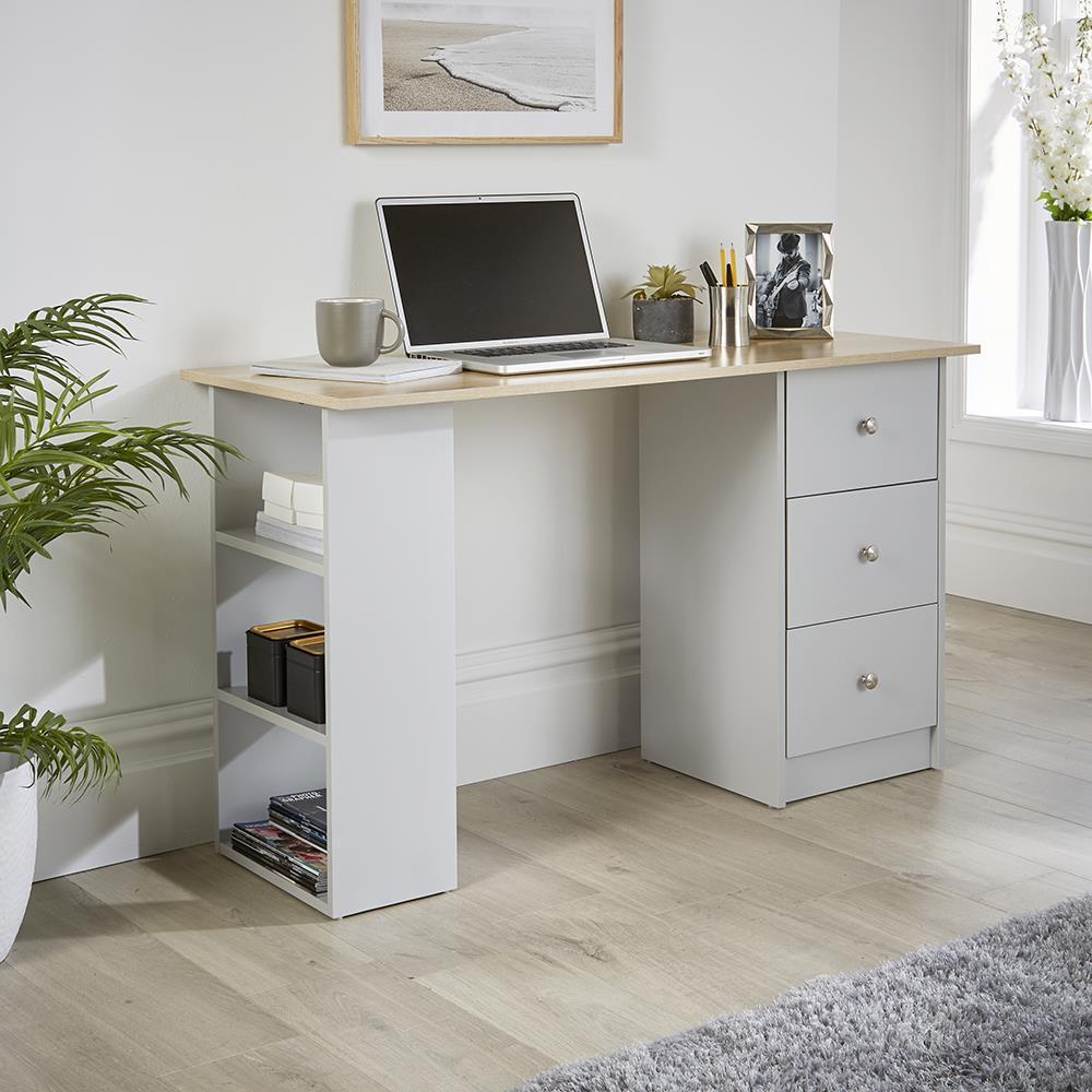 Computer Desk 3 Drawer and Storage Shelves Grey Home Office Wood Furniture Unit