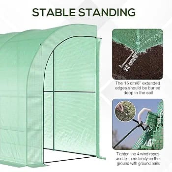 Outsunny Walk-In Lean to Wall Greenhouse with Windows and Doors, Outdoor Green House with 3 Tiers 6 Wired Shelves, 300L x 150W x 213Hcm, Green