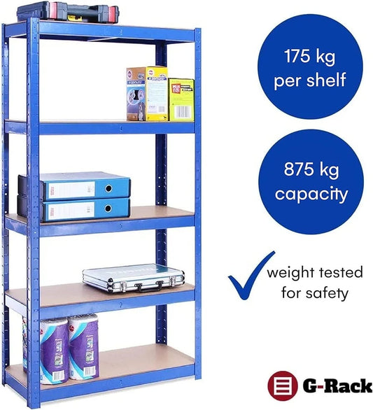 Blue - 5 Tier - 875KG Capacity (175KG Per Shelf) - Workshop, Shed, Office - 5 Year Warranty