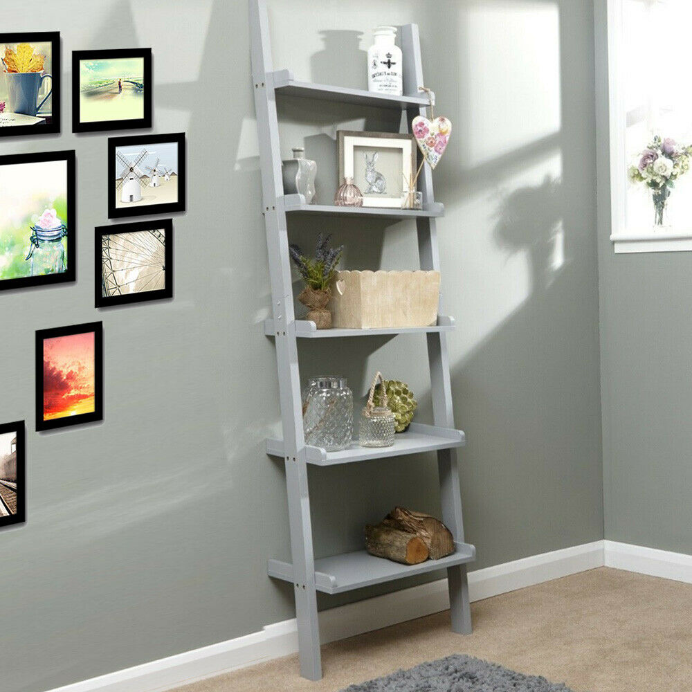 Grey Ladder Shelving Unit 5 Tier Display Stand Book Shelf Wall Rack Storage