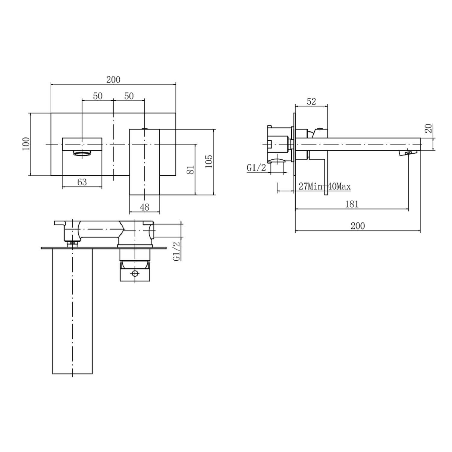 Wall Mounted Bath Filler Tap Square Single Lever Solid Brass Bathroom Faucet