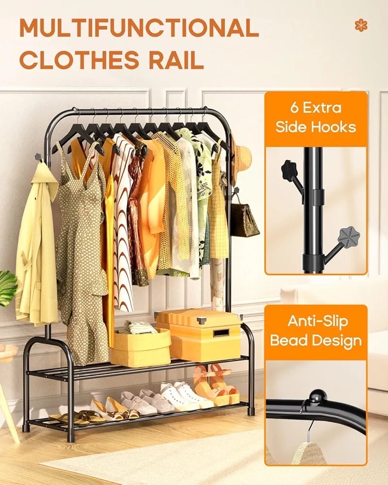 Clothes Rail Black Metal Coat Rack Freestanding Garment Rack Hanger With 6 Side Hooks and 2-Tiers(Single Rail)