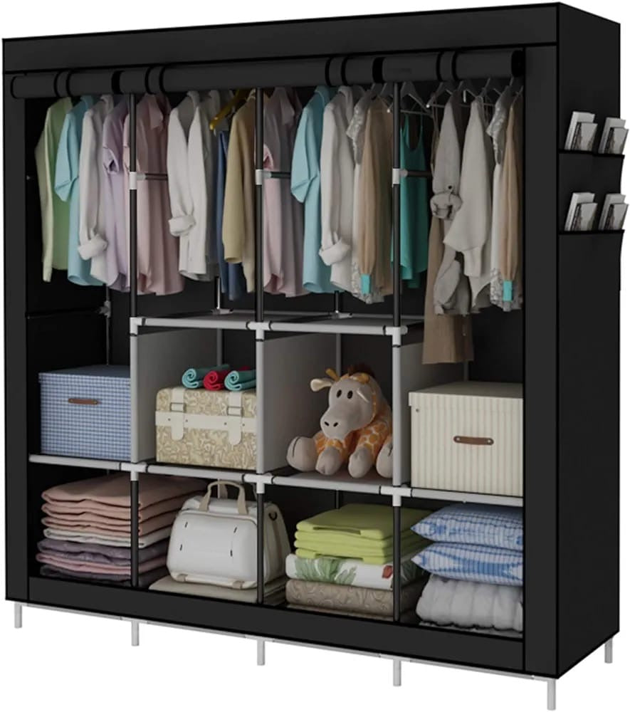 Portable Wardrobe Clothing Wardrobe Shelves Clothes Storage Organiser With 4 Hanging Rail, Black/Grey