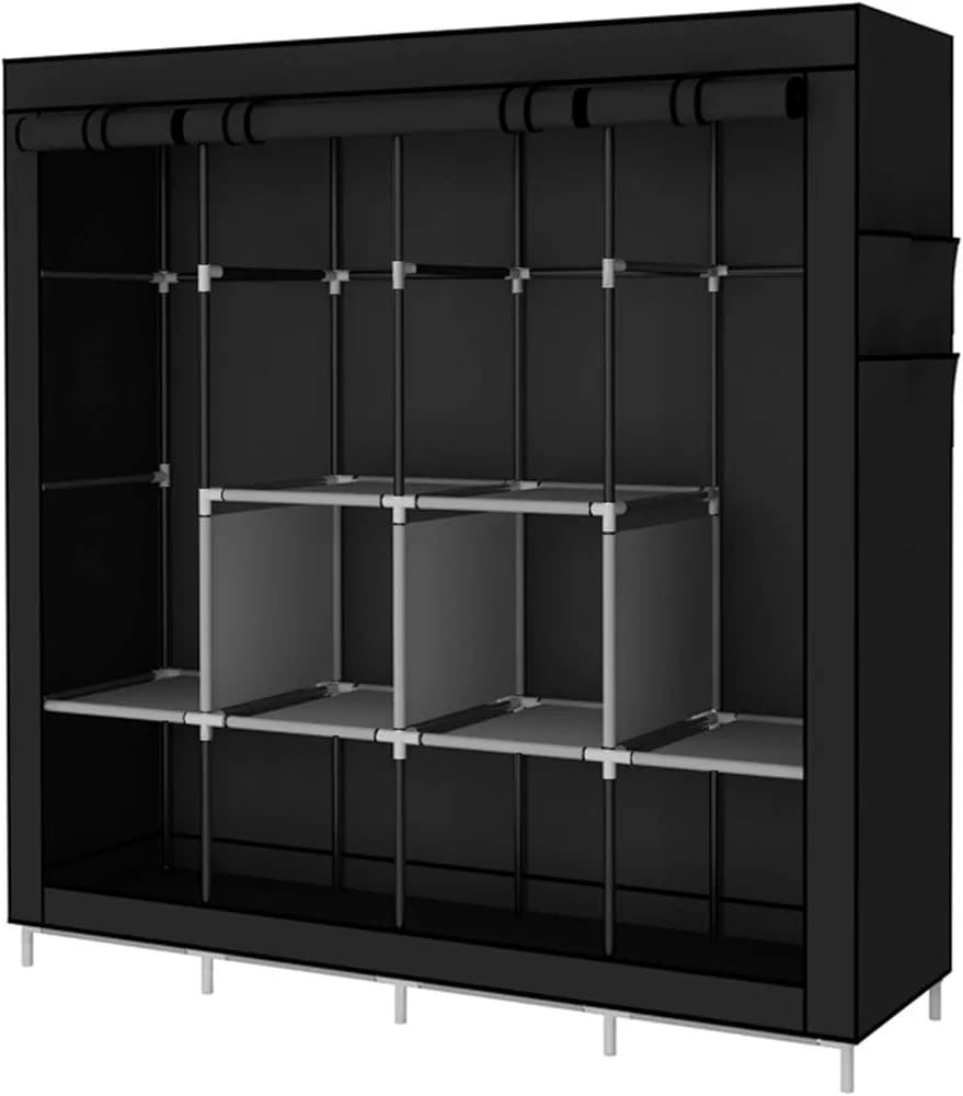 Portable Wardrobe Clothing Wardrobe Shelves Clothes Storage Organiser With 4 Hanging Rail, Black/Grey