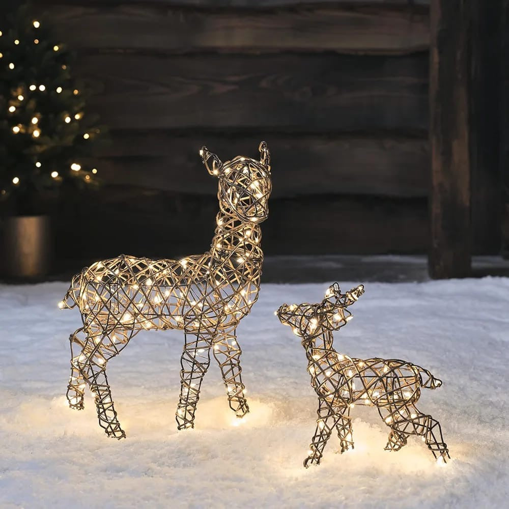 Outdoor Christmas Set of 3 Light Up Rattan Reindeers Mini Doe, Fawn & Stag Figure Warm White LEDs