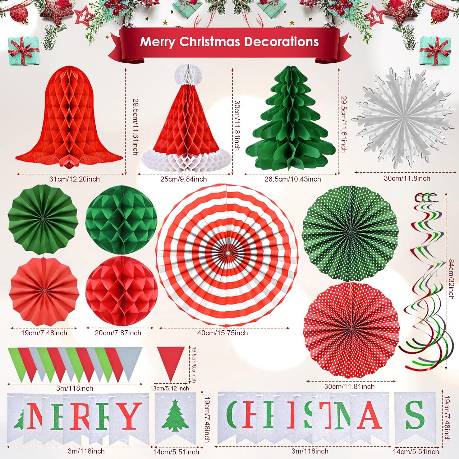 Christmas Decorations Party Banner Set, Reusable Merry Christmas Paper Banner Indoor Decoration for Home, Christmas Bunting Hanging Honeycomb for Xmas Party Decorations