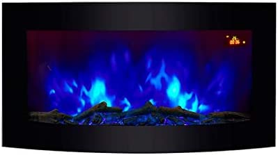 WALL MOUNTED ELECTRIC FIRES FIRE FIREPLACE CURVED BLACK GLASS LOG EFFECT