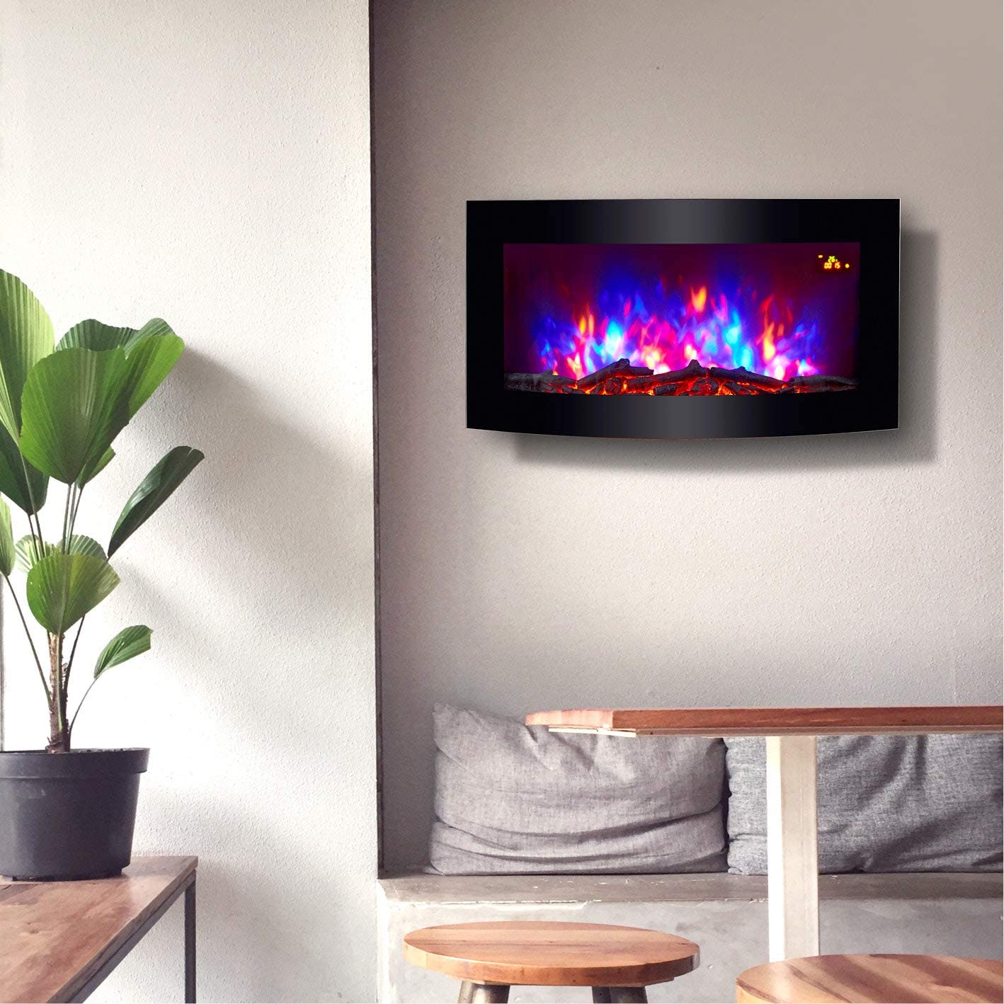 WALL MOUNTED ELECTRIC FIRES FIRE FIREPLACE CURVED BLACK GLASS LOG EFFECT