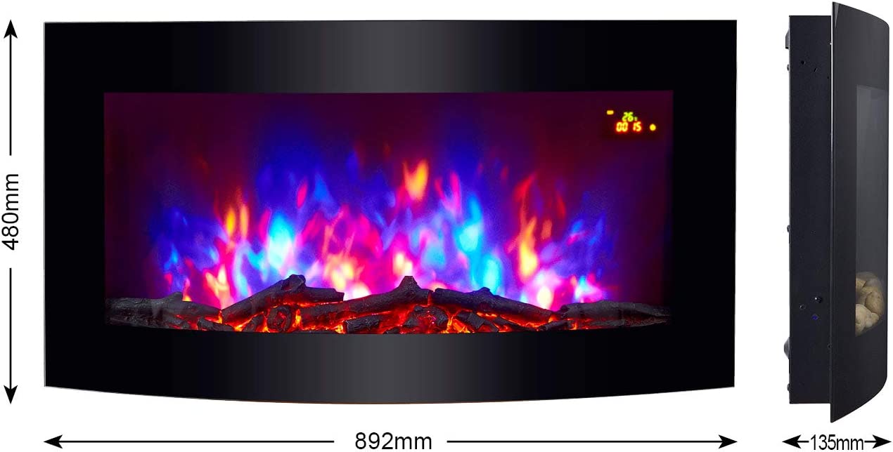 WALL MOUNTED ELECTRIC FIRES FIRE FIREPLACE CURVED BLACK GLASS LOG EFFECT