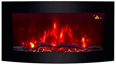 WALL MOUNTED ELECTRIC FIRES FIRE FIREPLACE CURVED BLACK GLASS LOG EFFECT