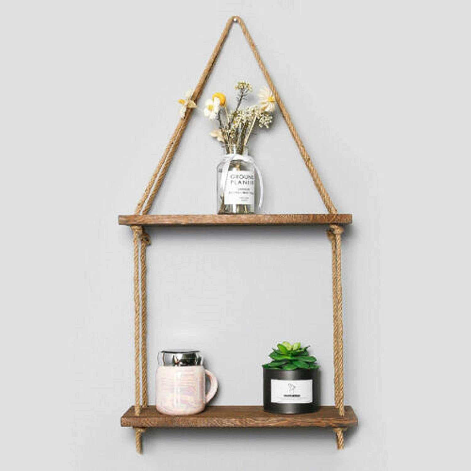 RUSTIC WOODEN HANGING ROPE SHELF