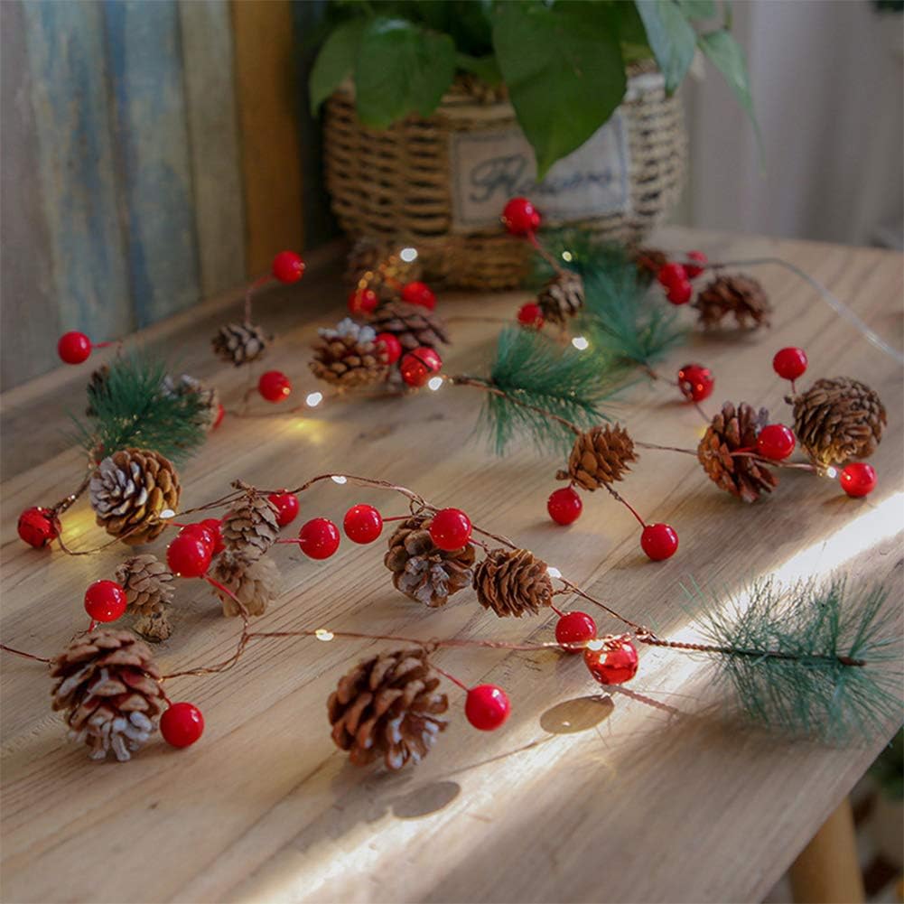 Christmas String Light 6.56 Ft Pinecone Red Berry Bell Xmas Garland Fairy Lights with Pine Cones Red Berries Garland Wreath for Christmas Indoor Outdoor Holiday New Year Party Home Garden Decor