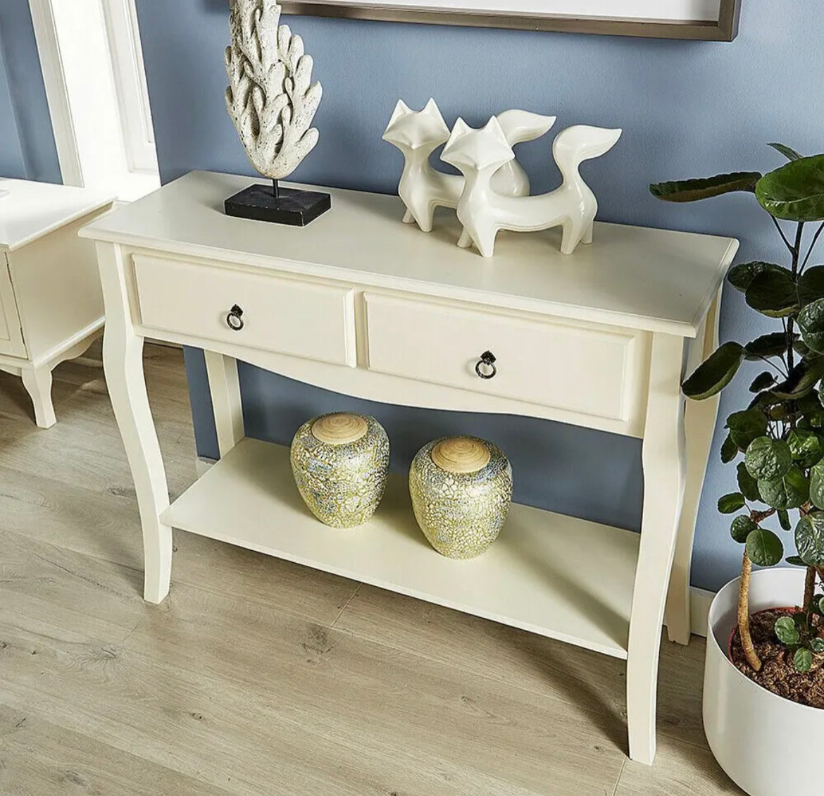 Cream Console Telephone Hallway Table 2 Drawer Shelf French Sculpted Curved Legs