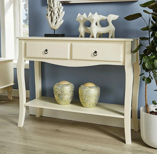 Cream Console Telephone Hallway Table 2 Drawer Shelf French Sculpted Curved Legs