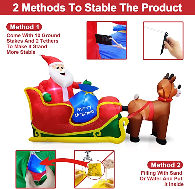 8Ft Long Inflatable Christmas Decoration Outdoor Reindeer Pull The Sleigh Take Santa Claus