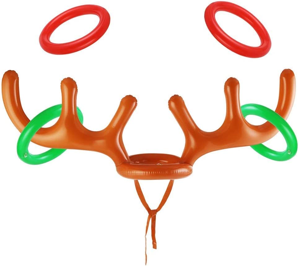 Christmas Inflatable Reindeer Antler Hat, Inflatable Reindeer Antler Ring Toss Game for Christmas Xmas Party Supplies ( 4 Rings, 1 set Antlers)