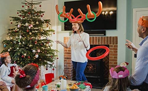 Christmas Inflatable Reindeer Antler Hat, Inflatable Reindeer Antler Ring Toss Game for Christmas Xmas Party Supplies ( 4 Rings, 1 set Antlers)