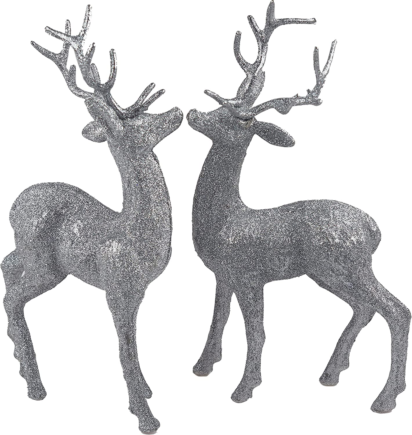 2 x Silver 23cm Glitter Reindeer Figurines - Christmas Decoration Ornaments